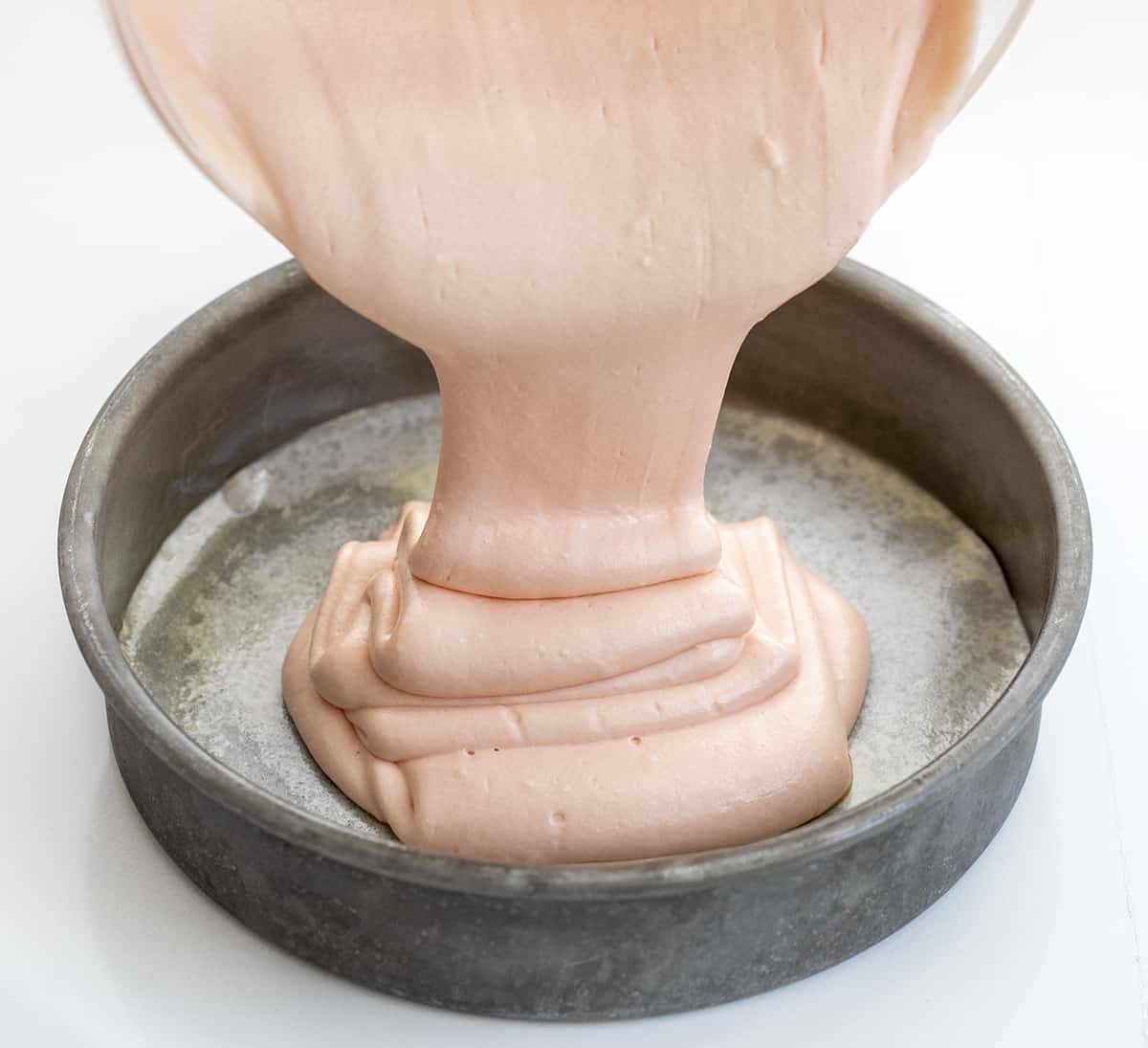 Pouring Pink Velvet Cake Batter into a Cake Pan. Dessert, Baking, Cakes, Cake Recipes, Dessert, Pink Cake, Velvet Cake, Soft Cake, i am baker, iambaker