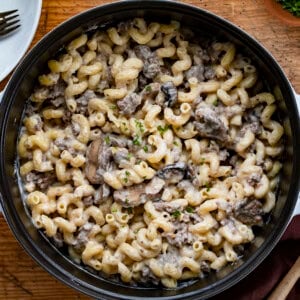 Pot Filled with Mushroom Swiss Cavatappi. Dinner, Supper, Mushroom Swiss Macaroni and Cheese, Mushroom Swiss Noodles, Easy Dinner Idea, Hamburger, Ground Beef Dinner Ideas, Ground Beef Recipes, i am baker, iambaker