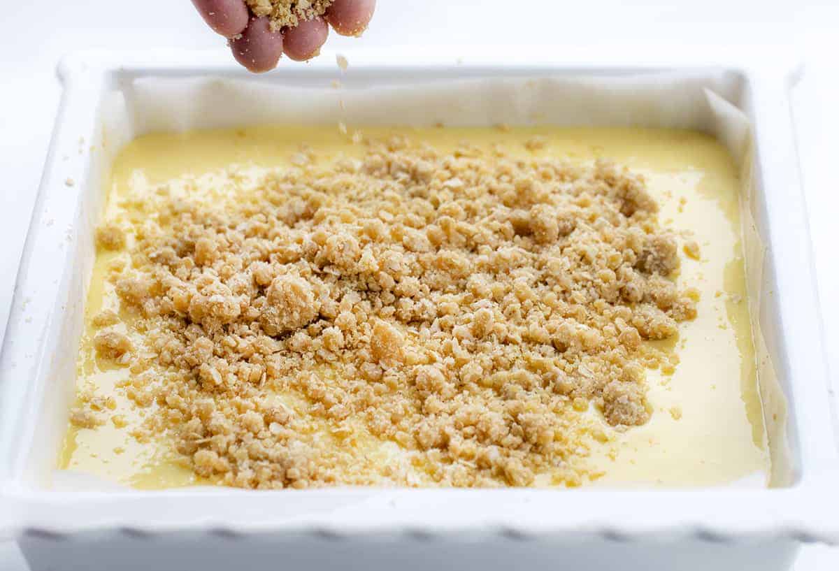 Lemon Crumb Bars are dessert bars filled with lemon filling and flavor in between two layers of an oatmeal crust. They are one of the BEST lemon desserts I have ever had! Lemon Bars, Lemon Crumble, Lemon Crumb Bars, Best Lemon Desserts, Dessert, Summer Dessert, Spring Dessert, Easy Dessert, Crowd Pleasing Dessert, Crumble Dessert, recipes, baking, i am baker, iambaker Sprinkling Crumb onto Lemon Crumb Bars